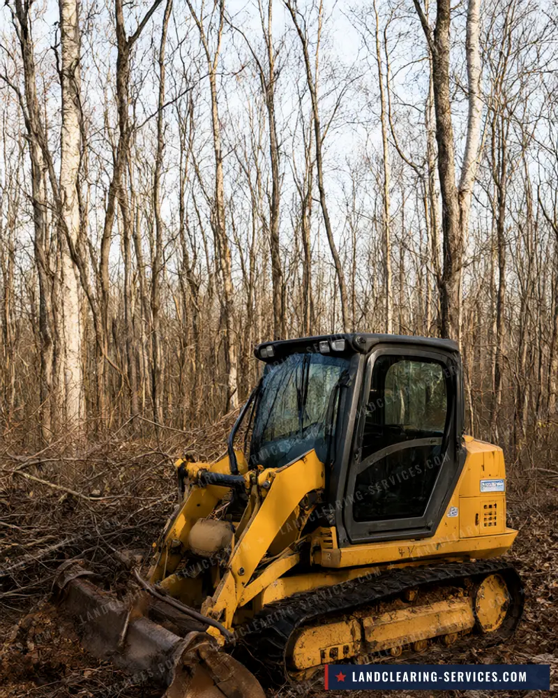 Tracked mulcher clearing brush and saplings in bare hardwoods, brush clearing
