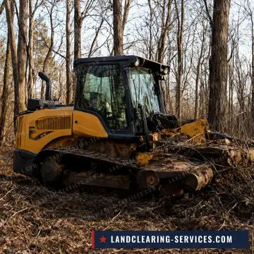 Tracked mulcher clearing brush and saplings in bare hardwoods
