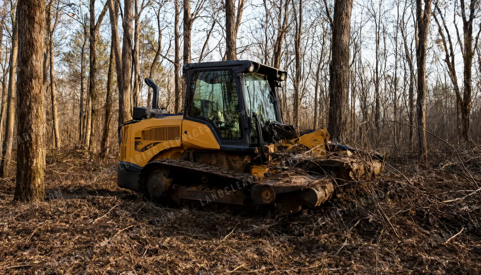 Tracked mulcher clearing brush and saplings in bare hardwoods, brush clearing