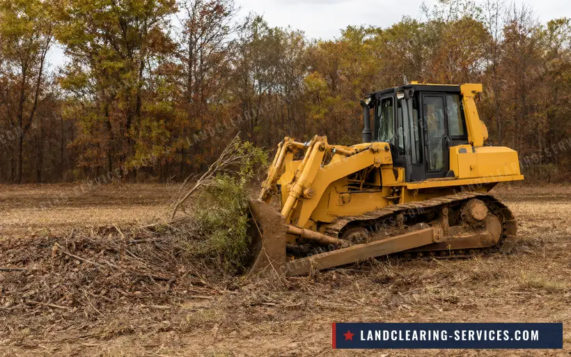 Crawler dozer pushing brush piles on a cleared field with fall hardwoods behind
