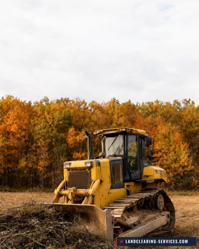 Crawler dozer pushing brush piles on a cleared field with fall hardwoods behind, land clearing in Delaware