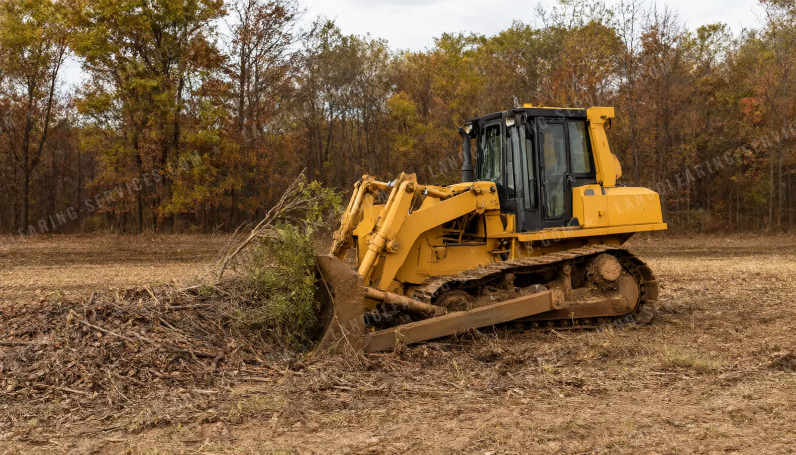 Crawler dozer pushing brush piles on a cleared field with fall hardwoods behind, land clearing in Delaware