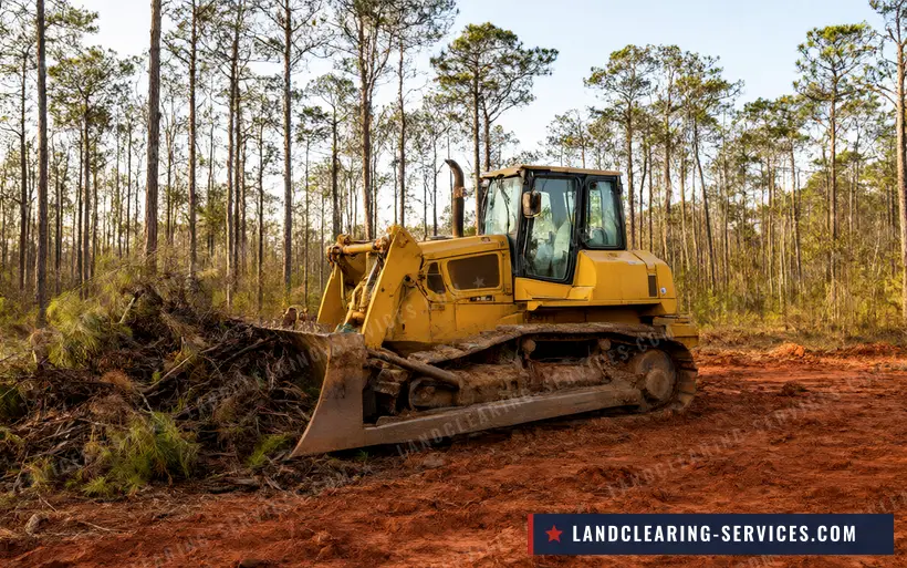 Bulldozer pushing pine underbrush on red clay ground in a Southern pine stand
