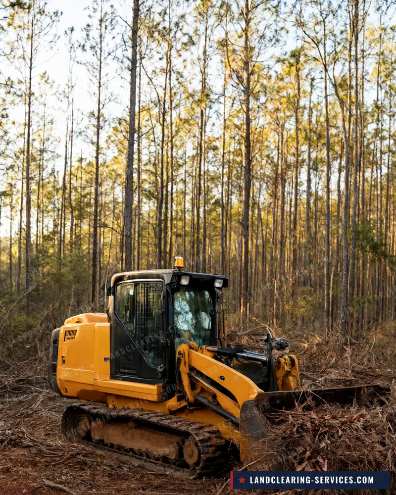 Bulldozer pushing pine underbrush on red clay ground in a Southern pine stand, land clearing in Florida