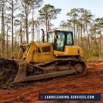 Bulldozer pushing pine underbrush on red clay ground in a Southern pine stand
