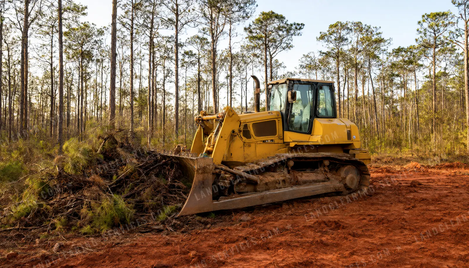 Bulldozer pushing pine underbrush on red clay ground in a Southern pine stand, land clearing in Florida