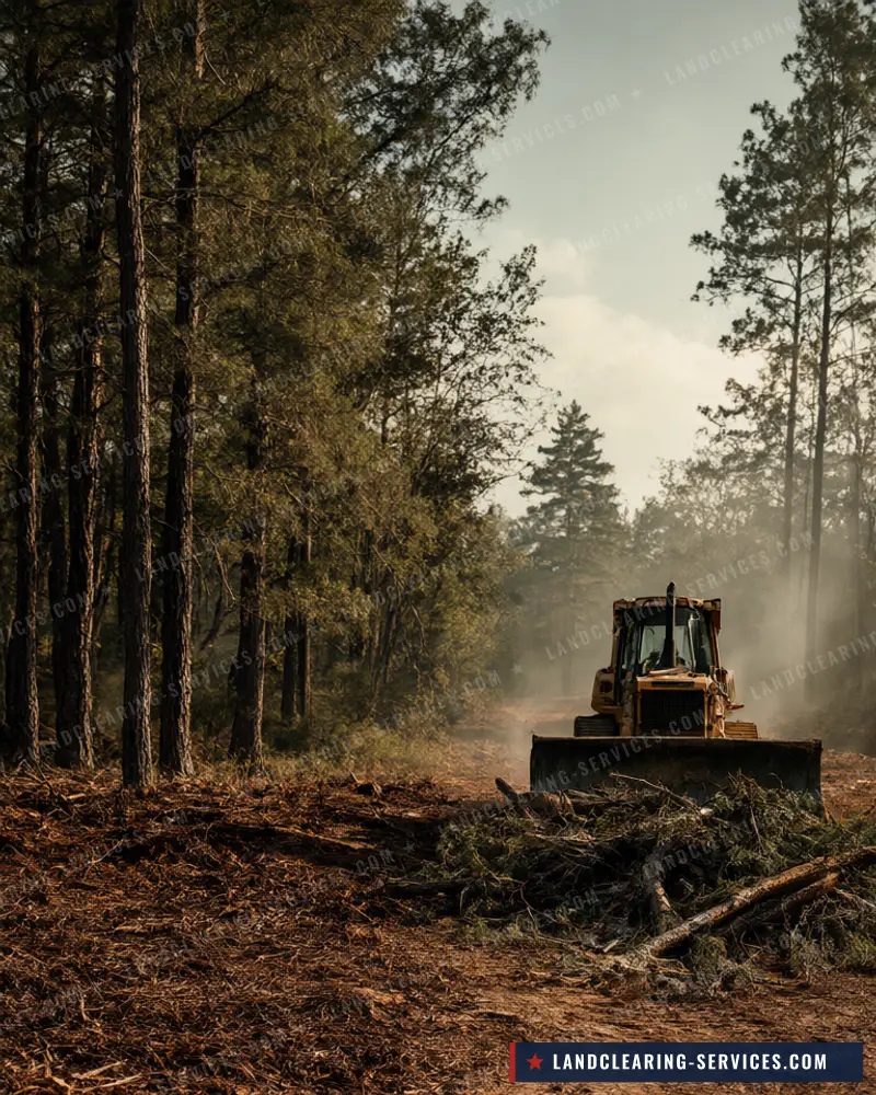 Dozer pushing cleared debris along a strip opened through pine timber, mulching vs. bulldozing