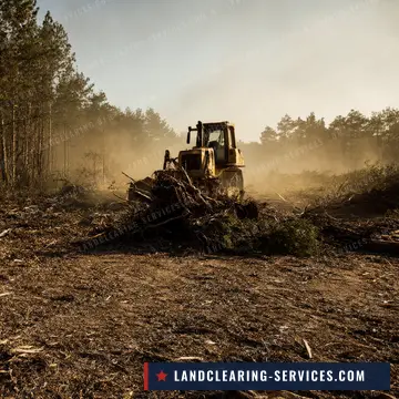 Dozer pushing cleared debris along a strip opened through pine timber