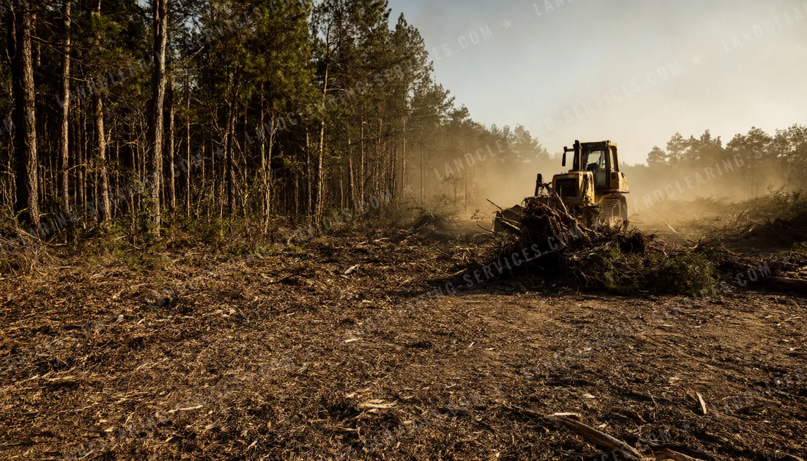 Dozer pushing cleared debris along a strip opened through pine timber, mulching vs. bulldozing