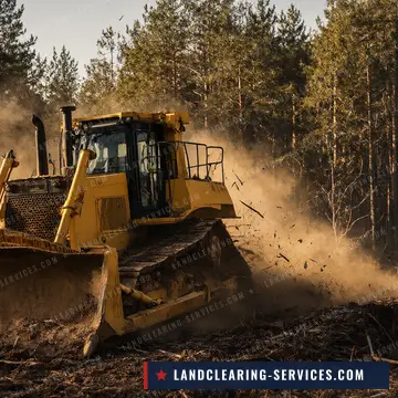Bulldozer pushing brush and stumps while clearing land in a pine forest
