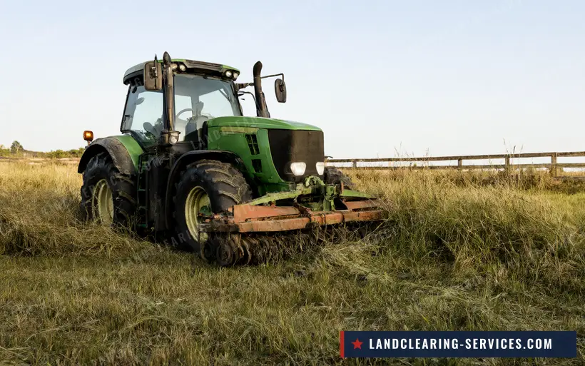 Green tractor bush hogging an overgrown pasture along a wooden fence line