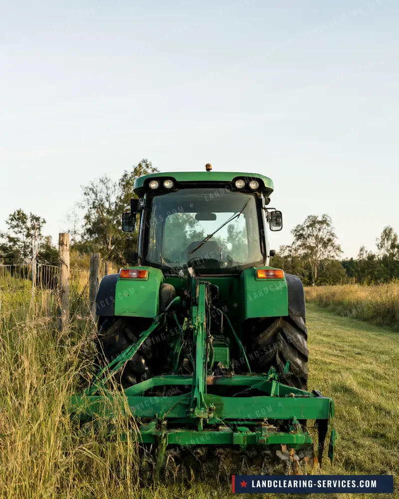 Green tractor bush hogging an overgrown pasture along a wooden fence line, bush hogging