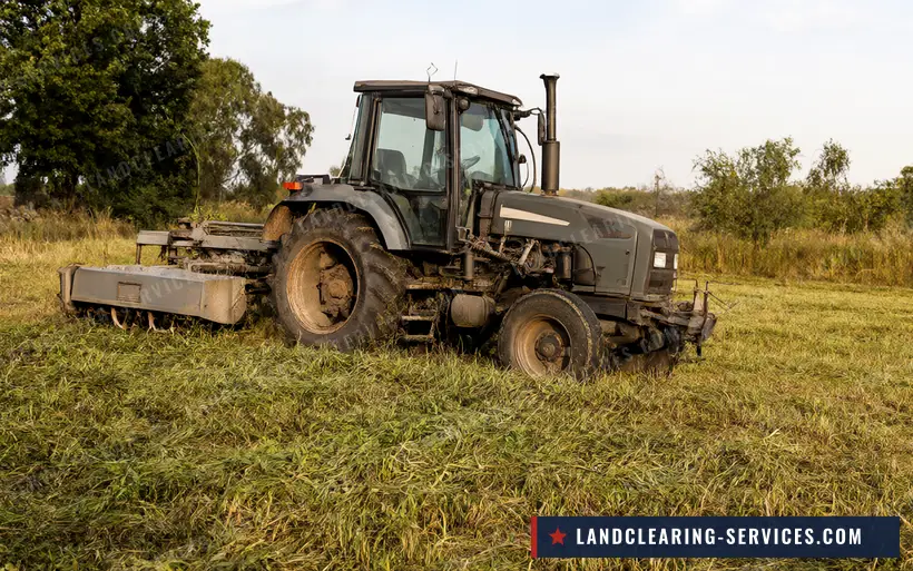 Tractor with a rotary cutter bush hogging tall grass in a pasture