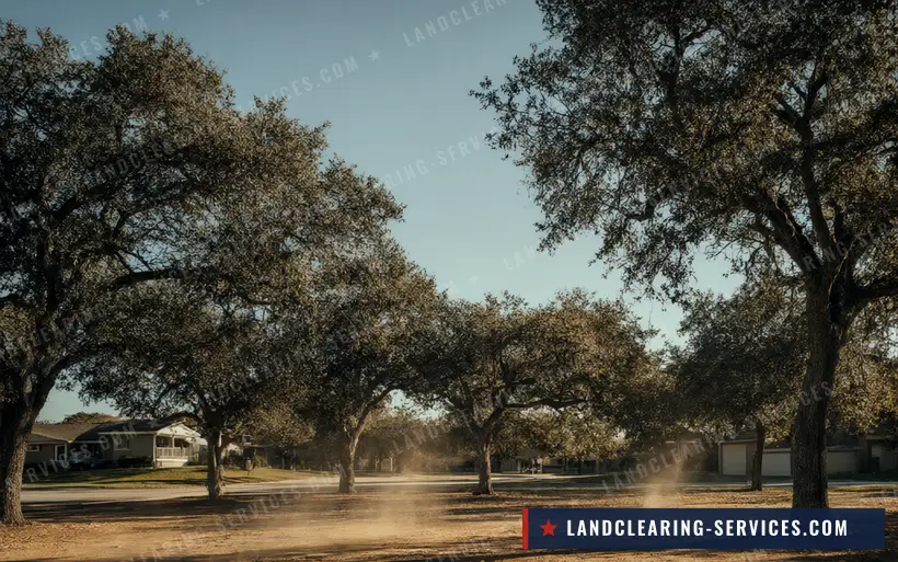 Cleared residential lot graded to dirt with mature oaks kept along the street