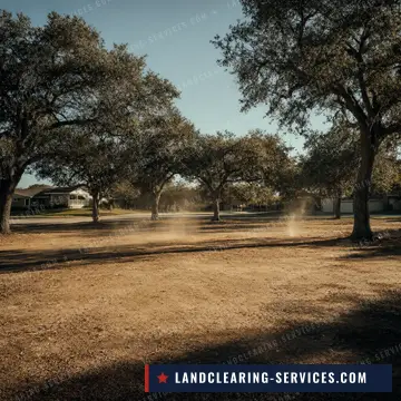 Cleared residential lot graded to dirt with mature oaks kept along the street