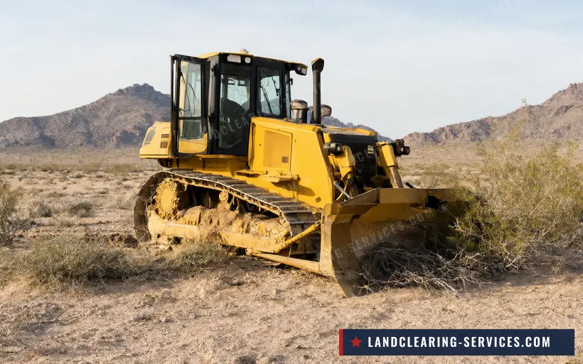 Crawler dozer clearing creosote and desert brush below rocky mountains