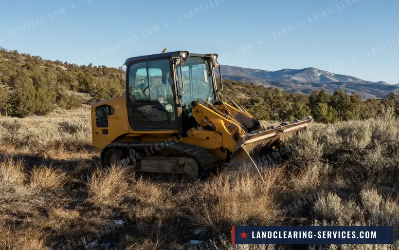 Crawler dozer clearing sagebrush on high country land with mountains behind