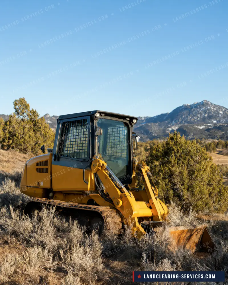 Crawler dozer clearing sagebrush on high country land with mountains behind, land clearing in Utah