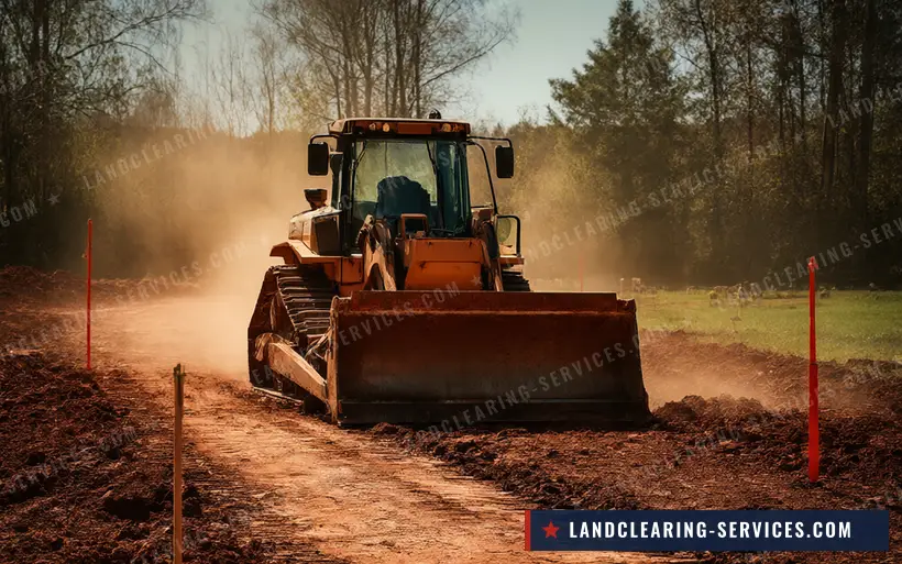 Dozer grading a staked driveway and building pad on red clay during site prep