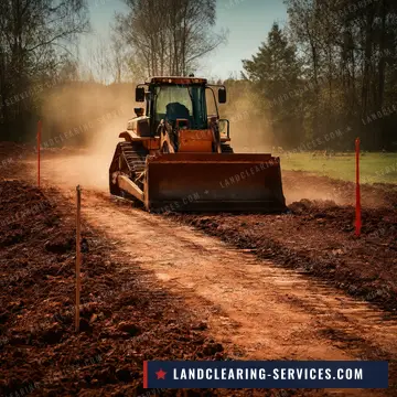 Dozer grading a staked driveway and building pad on red clay during site prep