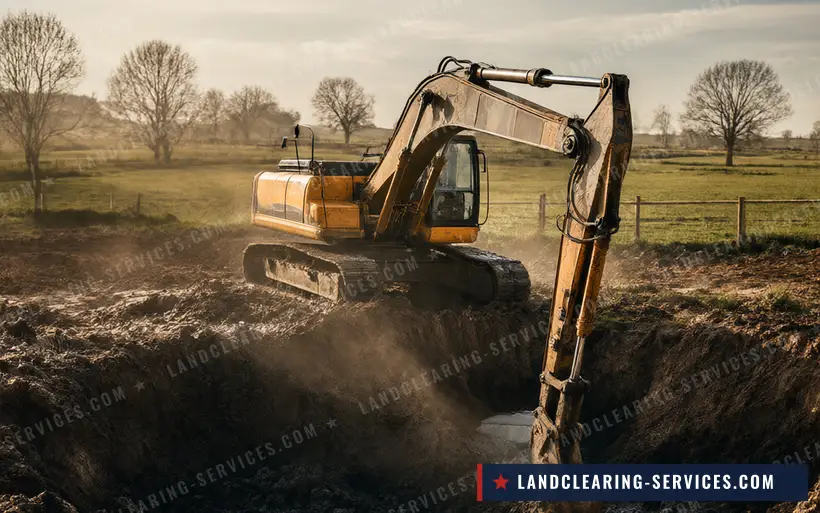 Excavator digging a farm pond basin on cleared pasture land