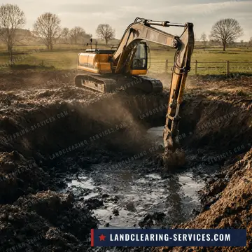 Excavator digging a farm pond basin on cleared pasture land