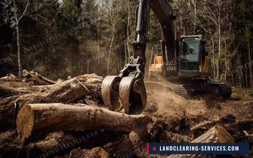 Excavator with a grapple stacking felled logs during tree clearing