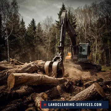 Excavator with a grapple stacking felled logs during tree clearing