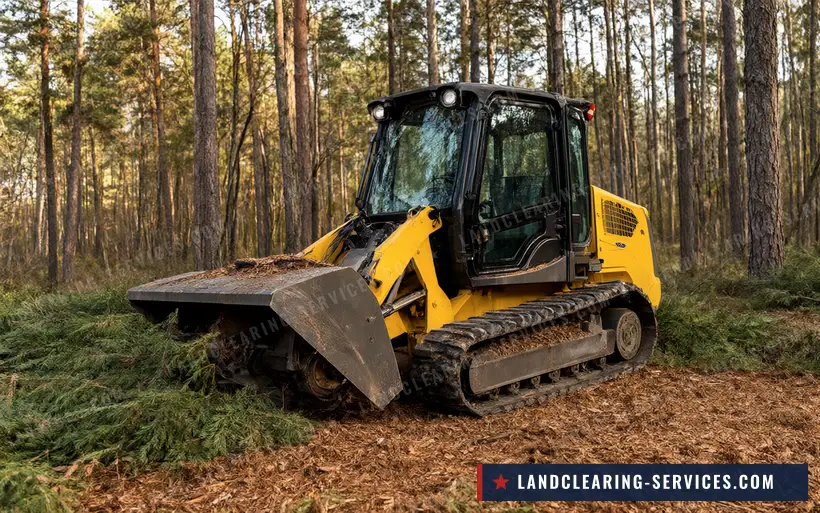 Compact track loader clearing brush in pine woods with mulch left on the ground