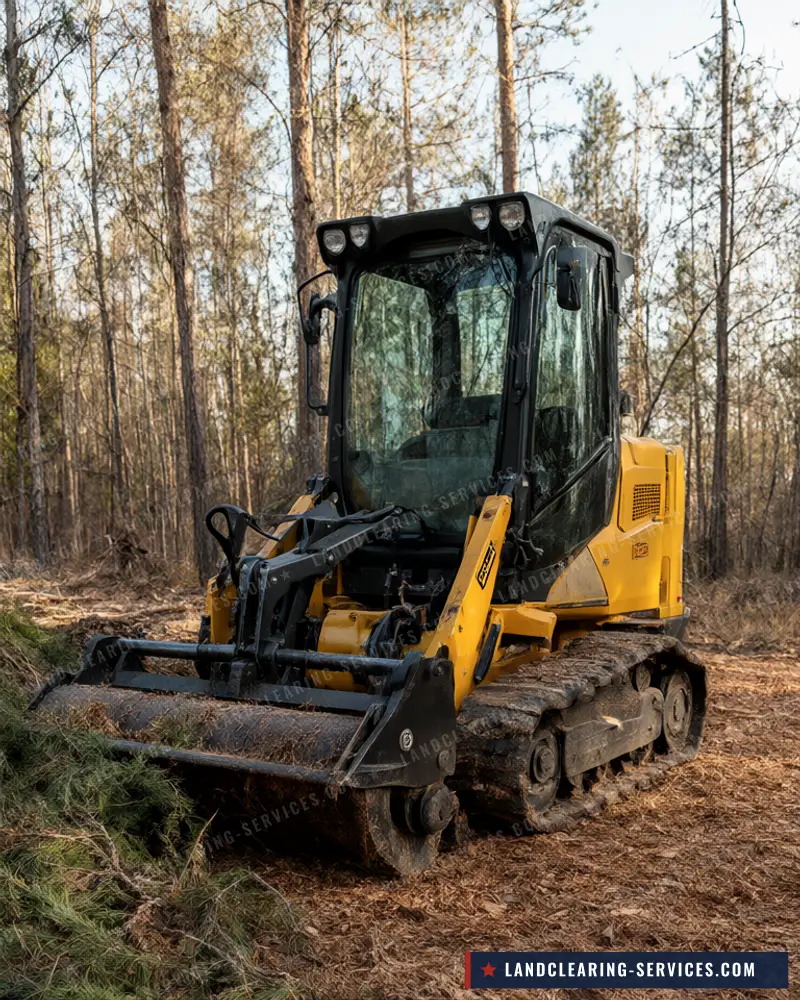 Compact track loader clearing brush in pine woods with mulch left on the ground, forestry mulching
