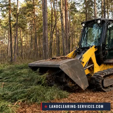 Compact track loader clearing brush in pine woods with mulch left on the ground