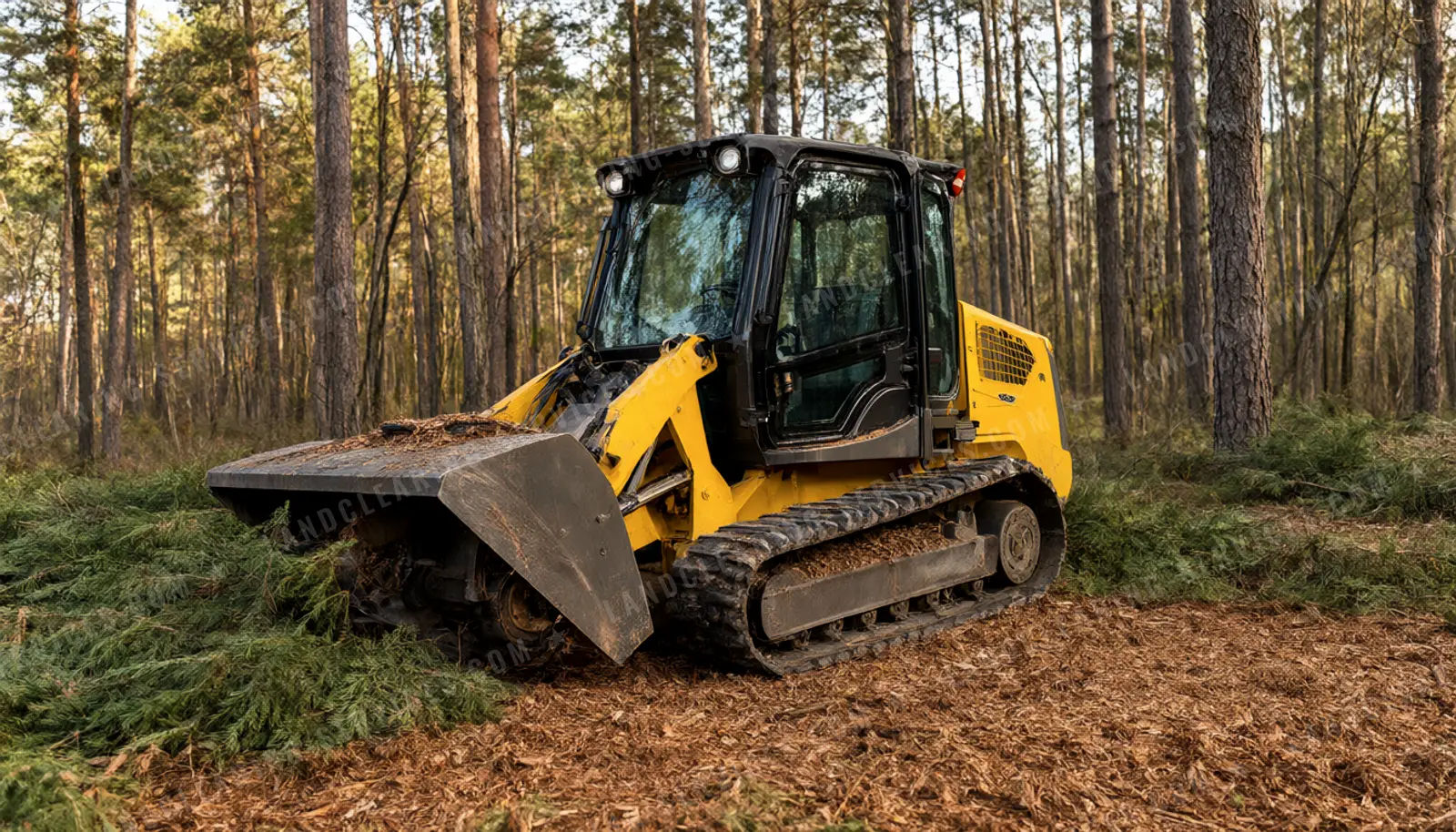 Compact track loader clearing brush in pine woods with mulch left on the ground, forestry mulching