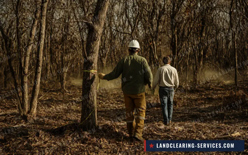 Crew lead and landowner walking a wooded lot and marking trees for a land clearing estimate