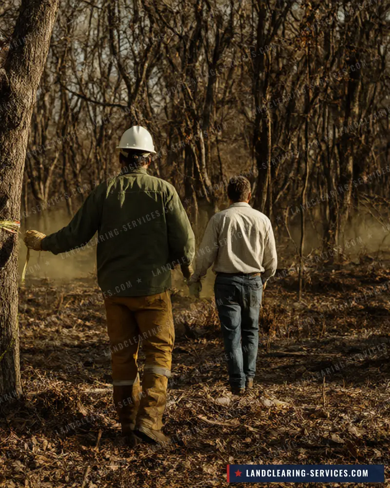 Crew lead and landowner walking a wooded lot and marking trees for a land clearing estimate, land clearing cost