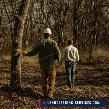 Crew lead and landowner walking a wooded lot and marking trees for a land clearing estimate
