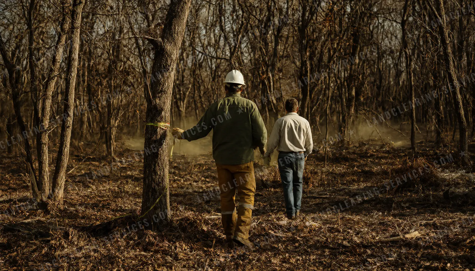 Crew lead and landowner walking a wooded lot and marking trees for a land clearing estimate, land clearing cost