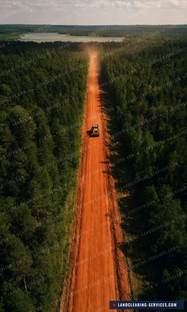 Aerial view of a red dirt access road cleared through a pine forest