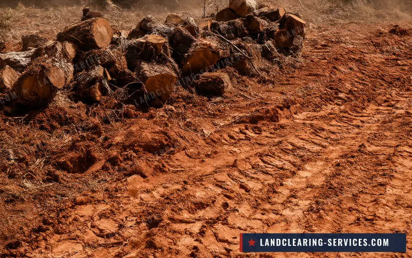 Pulled stumps piled on cleared red clay land with dozer tracks