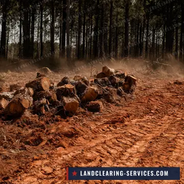 Pulled stumps piled on cleared red clay land with dozer tracks