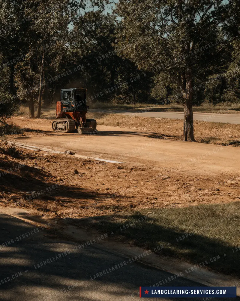 Skid steer clearing a wooded residential lot down to dirt next to the road, lot clearing
