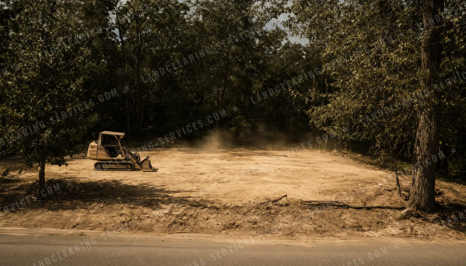 Skid steer clearing a wooded residential lot down to dirt next to the road, lot clearing
