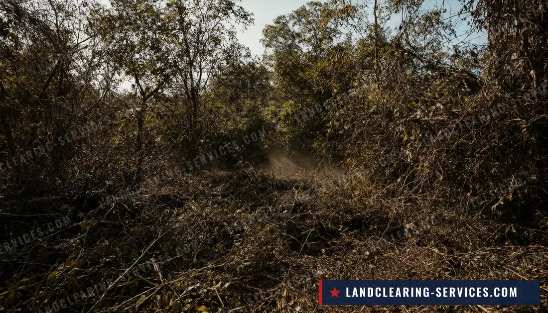 Overgrown wooded lot with dense brush and fallen limbs before land clearing