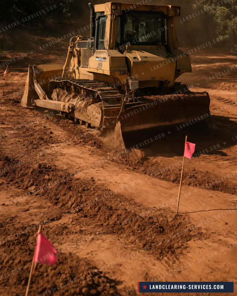 Dozer grading red clay for a building pad and driveway marked with survey flags, site prep & dirt work