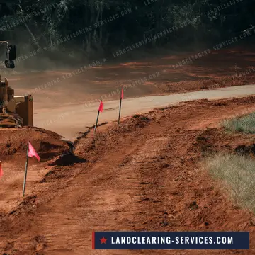 Dozer grading red clay for a building pad and driveway marked with survey flags