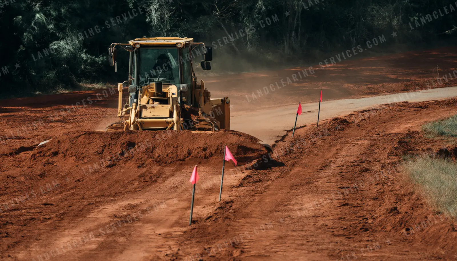 Dozer grading red clay for a building pad and driveway marked with survey flags, site prep & dirt work