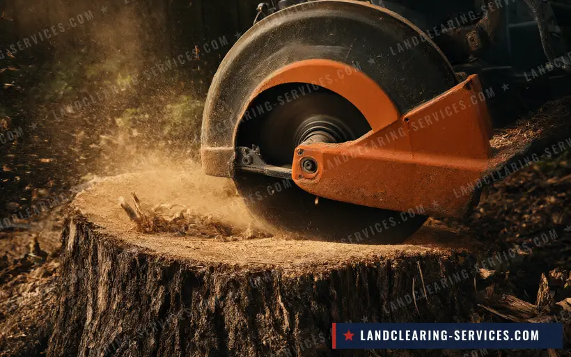 Stump grinder cutter wheel grinding a large tree stump below grade
