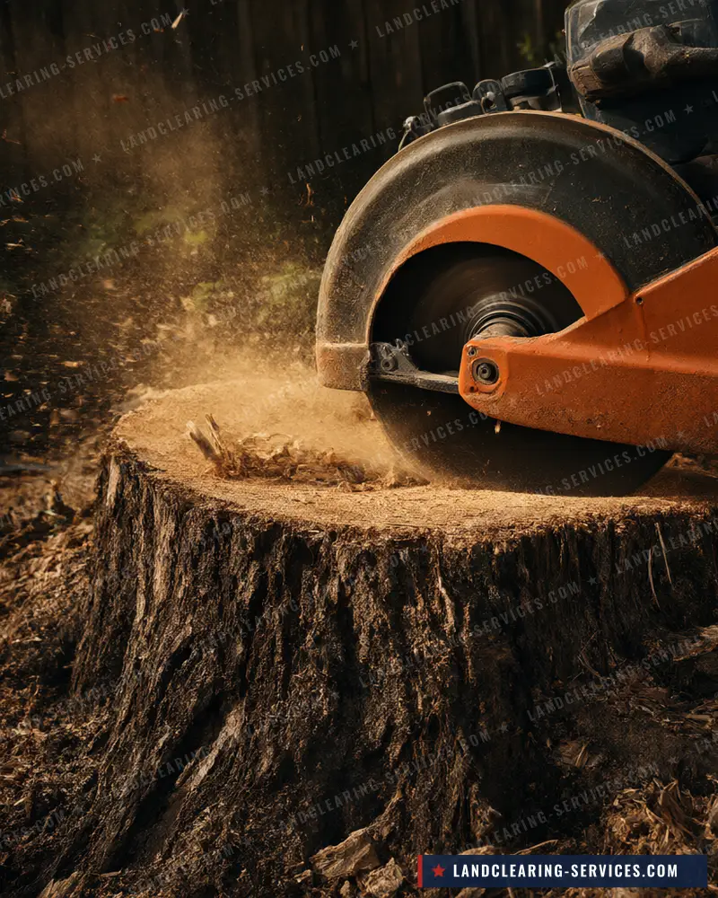 Stump grinder cutter wheel grinding a large tree stump below grade, stump grinding