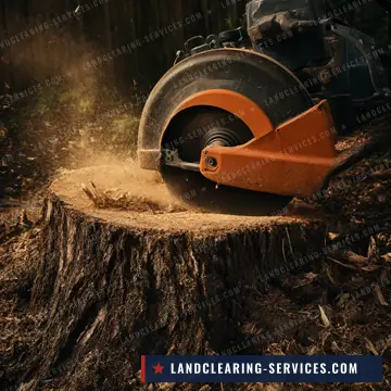 Stump grinder cutter wheel grinding a large tree stump below grade