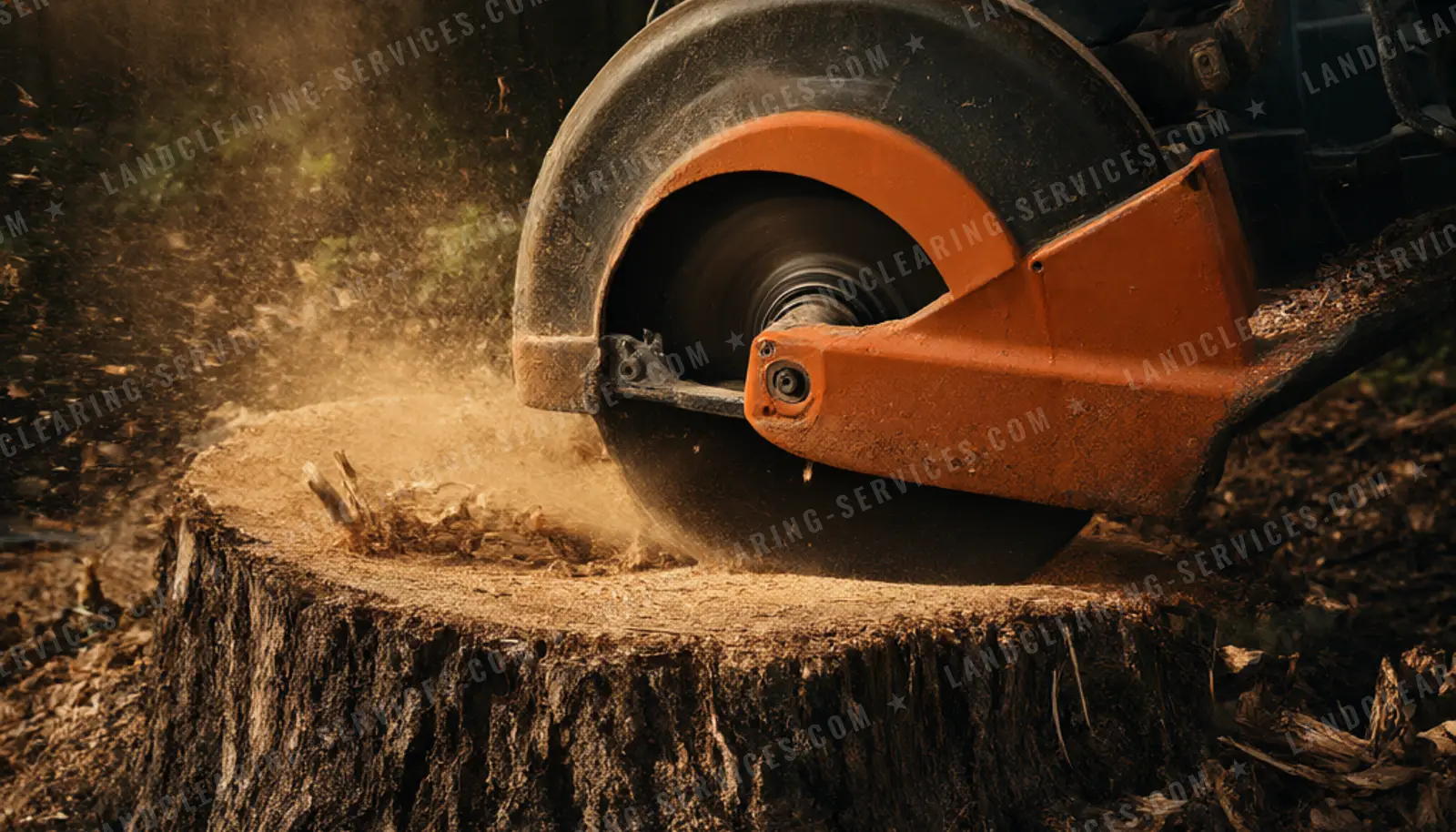 Stump grinder cutter wheel grinding a large tree stump below grade, stump grinding