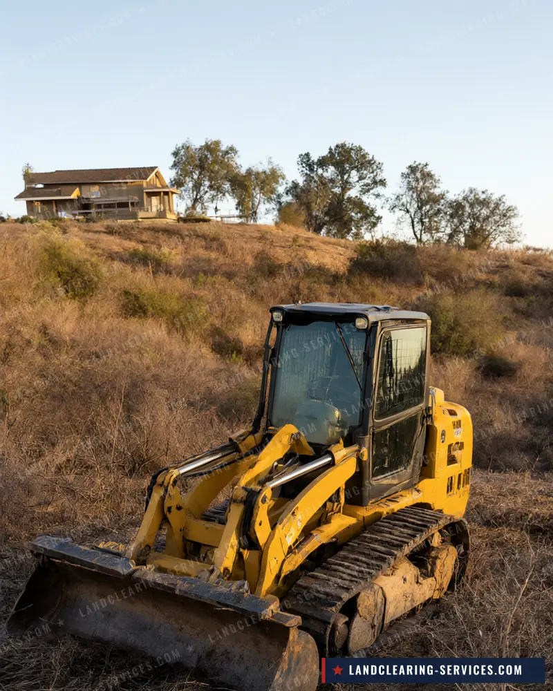 Track loader clearing dry grass and brush on a hillside below a house for defensible space, land clearing in Oregon